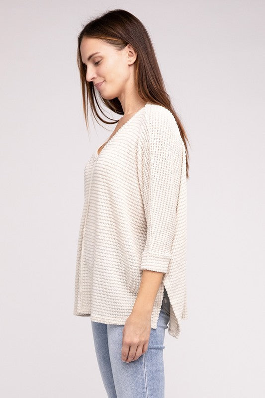 3/4 Sleeve V-Neck Hi-Low Hem Jacquard Sweater