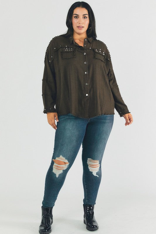 PLUS Distressed hem button down oversize shirt