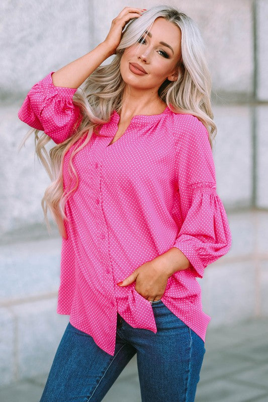 Women Pink 3/4 Sleeves Dotted Print Loose Shirt