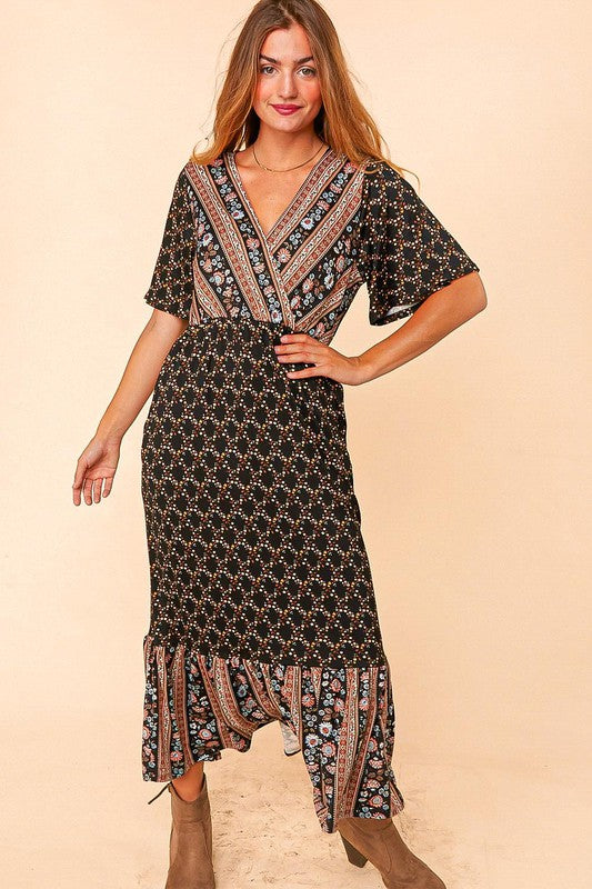 ETHNIC FLORAL BORDER SURPLICE MAXI DRESS