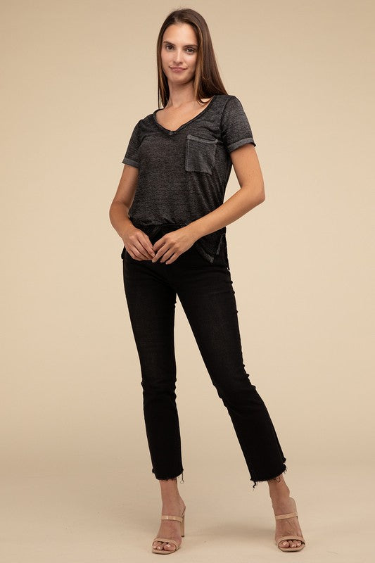 Washed Melange Burnout Scoop V-Neck Top