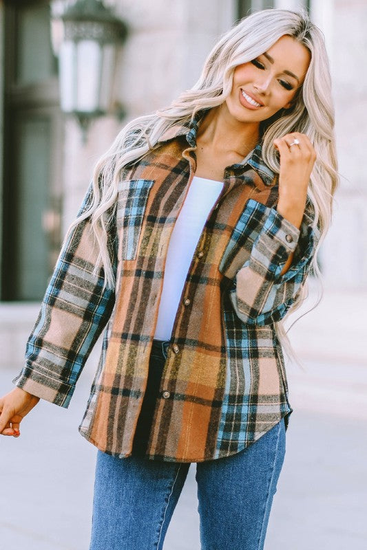 Women Plaid Block Buttoned Shirt with Pockets