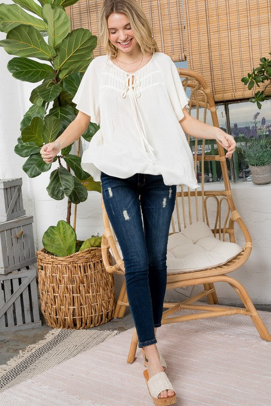 PLUS SOLID BOW TIE PEASANT TOP