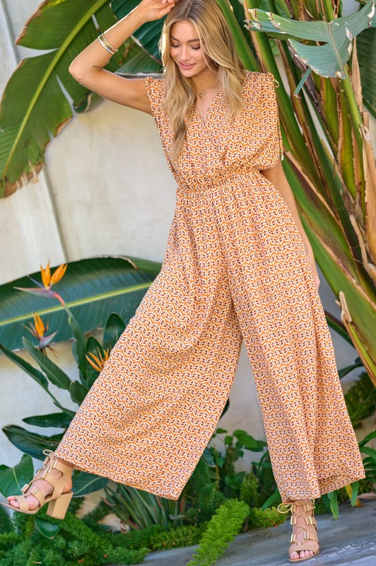 PRINTED V NECK SLEEVELESS JUMPSUIT