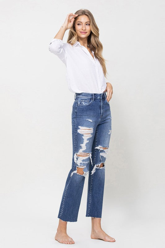 Distressed High Rise Ankle Relaxed Straight Rip Denim Pants