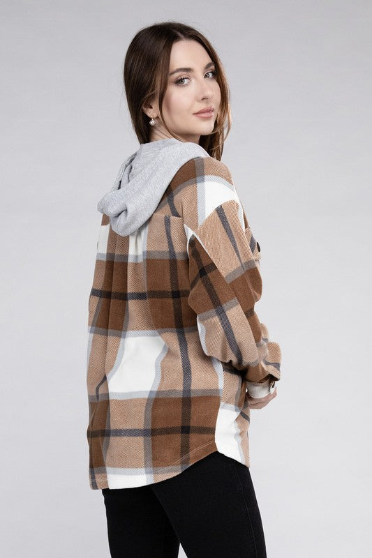 Plaid Drawstring Hooded Fleece Shacket