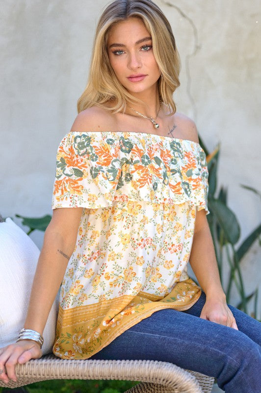 PRINTED OFF SHOULDER SMOCKED TOP