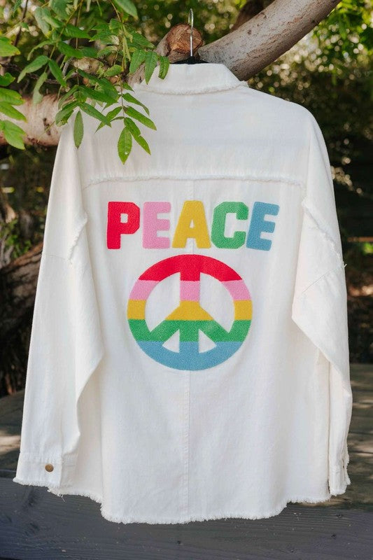 MULTI COLOR LETTERING PEACE SYMBOL BUTTON UP SHIRT