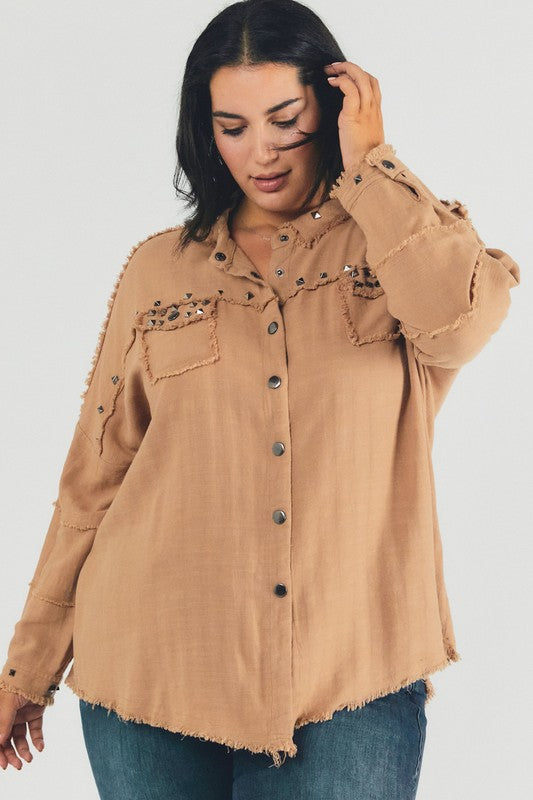 PLUS Distressed hem button down oversize shirt