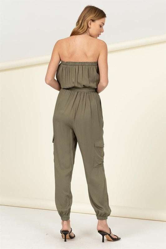 FLAP POCKET SIDE BELTED TUBE JUMPSUIT