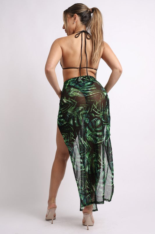 Printed mesh skirt set with double slit