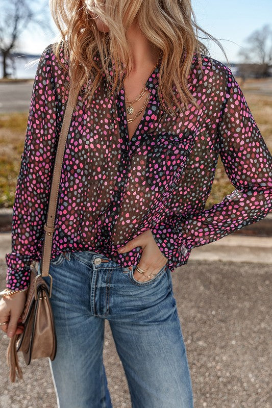 Wine Polka Dot Printed Buttoned Casual Shirt