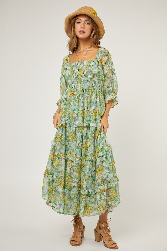 FLORAL CHIFFON MIDI DRESS