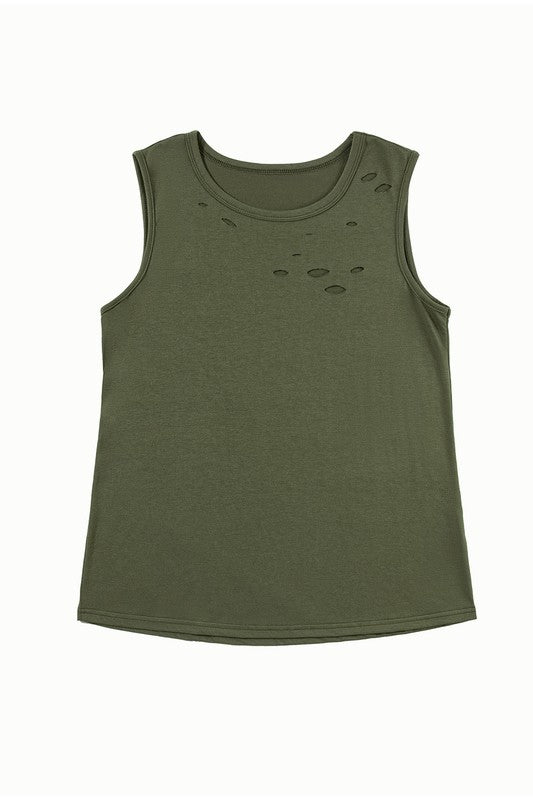 Women Distressed Holes Crew Neck Tank Top