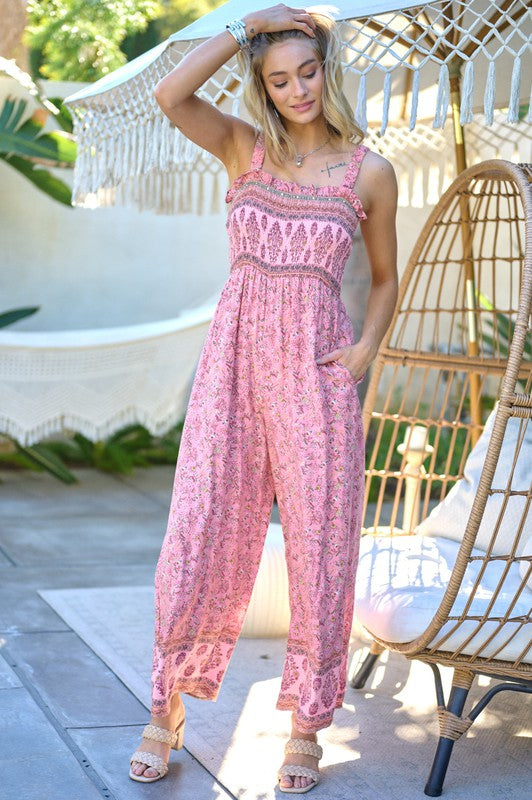 FLORAL SMOCKED DETAIL WITH RUFFLE JUMPSUIT