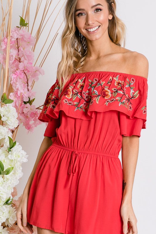 FLORAL EMBROIDERED OFF SHOULDER ROMPER