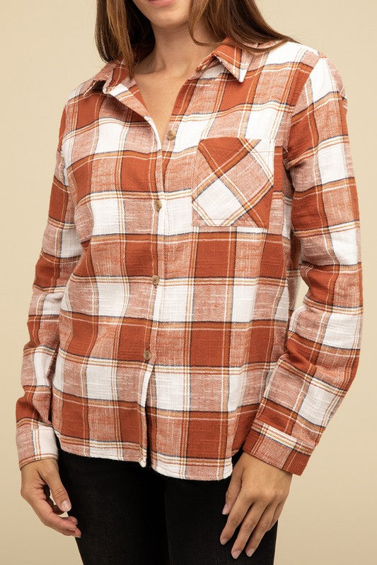 Cotton Plaid Shacket With Front Pocket