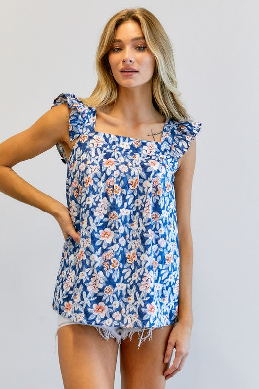 FLORAL PRINTED RUFFLE SLEEVELESS TOP