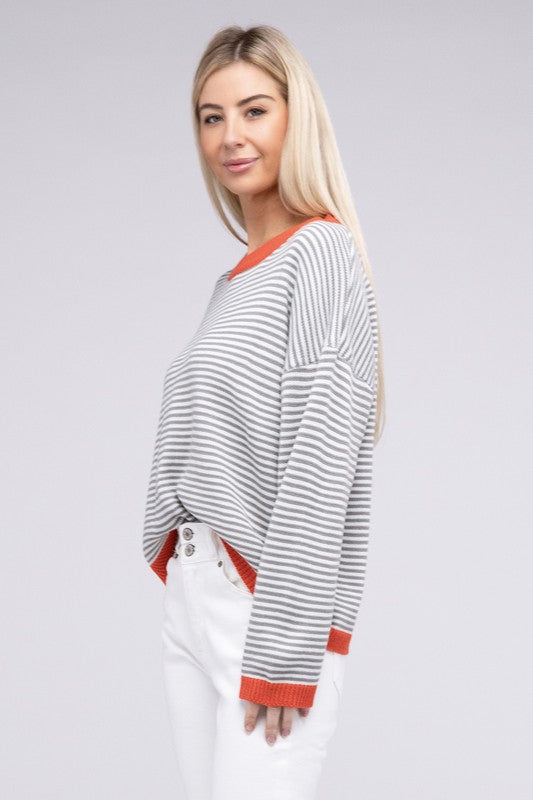 Contrast Trimmed Striped Pullover Knit