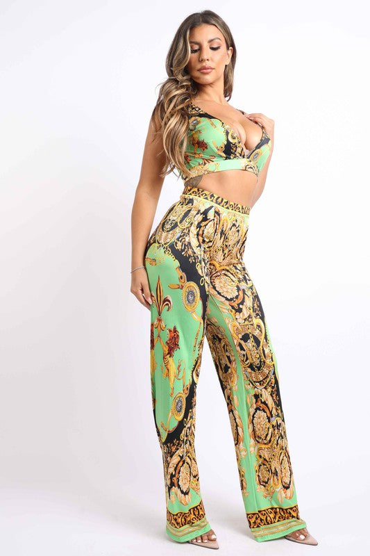 Printed Crop Top And Pants Set