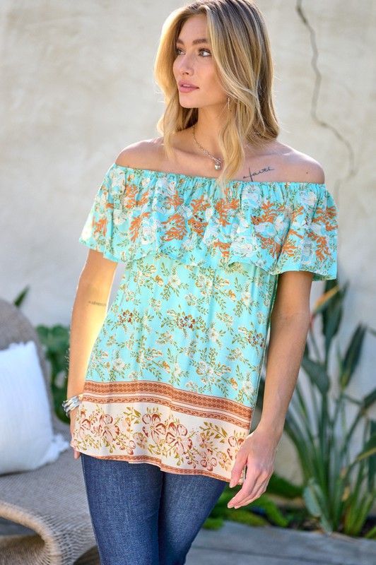 PRINTED OFF SHOULDER SMOCKED TOP