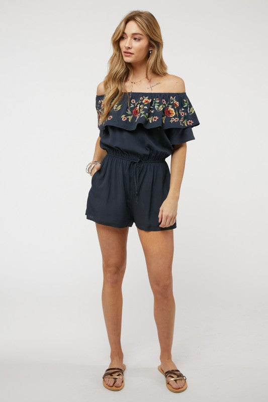 FLORAL EMBROIDERED OFF SHOULDER ROMPER