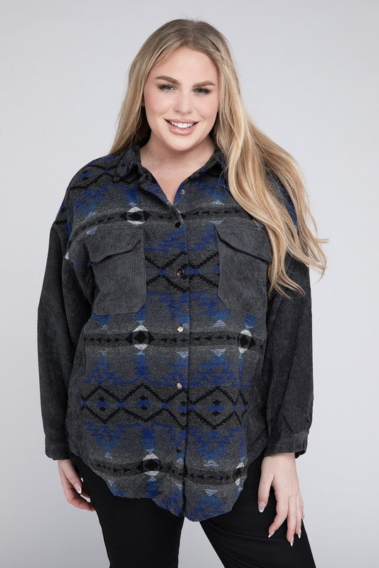 PLUS PRINTED BUTTON DOWN LONG SLEEVE JACKET