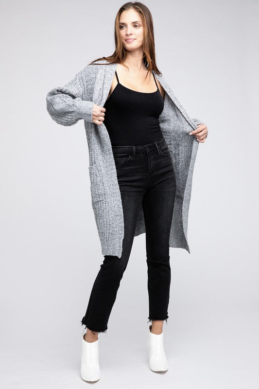 Twist Knitted Open Front Cardigan With Pockets