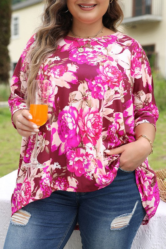 Women Floral Print Short Sleeve Plus Size Blouse