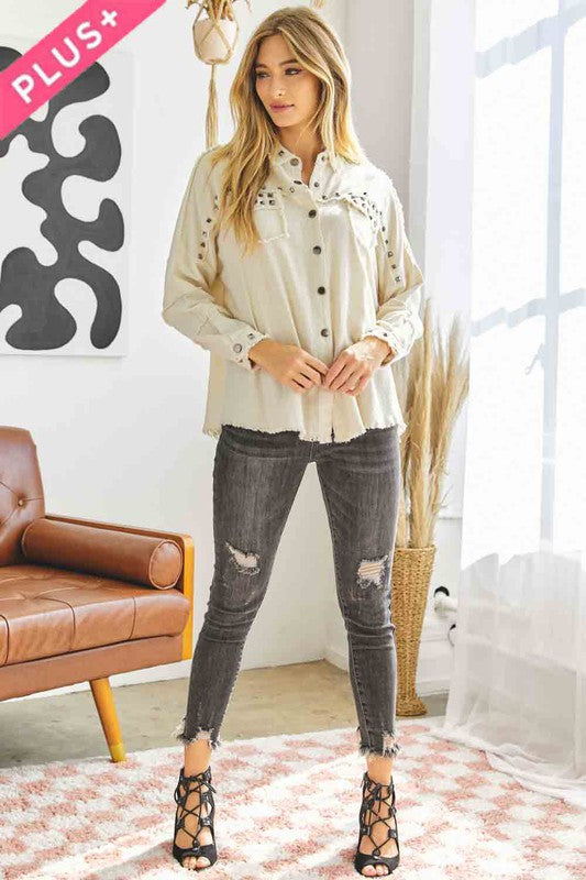 PLUS Distressed hem button down oversize shirt