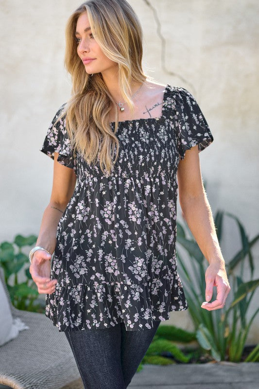 FLORAL PRINTED V NECK RUFFLE TOP