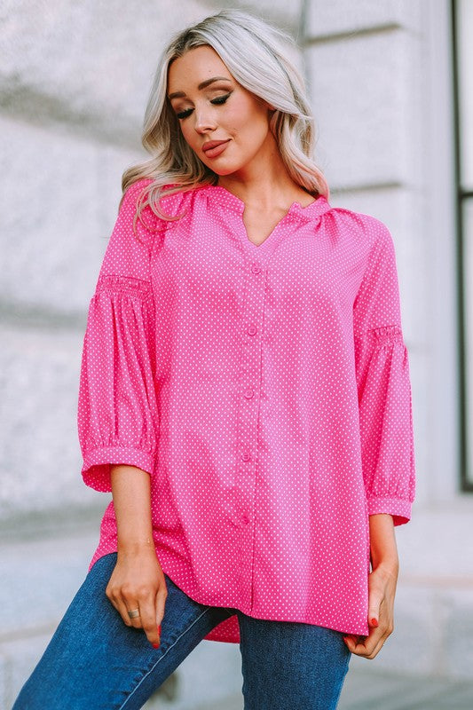 Women Pink 3/4 Sleeves Dotted Print Loose Shirt