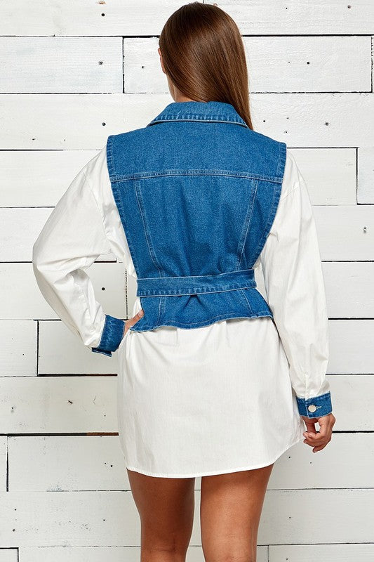 DENIM VEST SHIRT MINI DRESS LONG SLEEVE