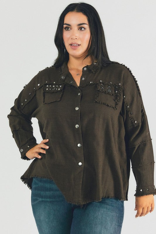 PLUS Distressed hem button down oversize shirt