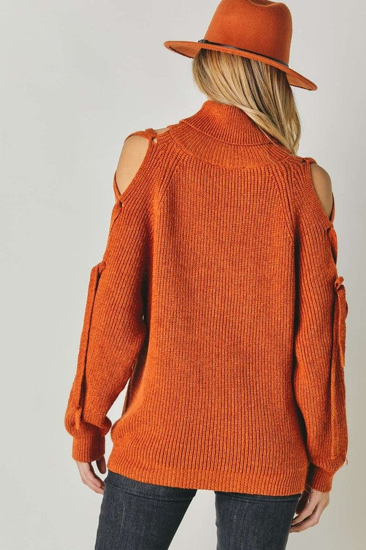 SOLID TURTLE NECK CUTOUT LONG SLEEVE SWEATER