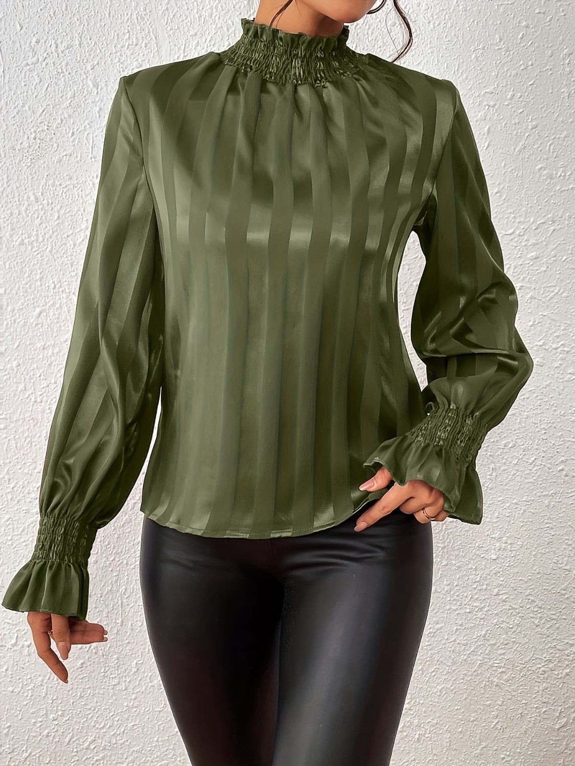 Smocked Mock Neck Long Sleeve Blouse