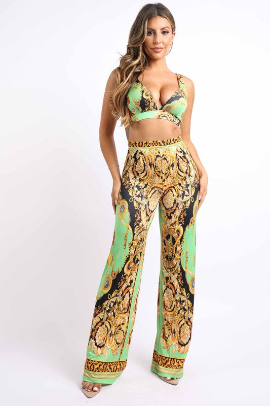 Printed Crop Top And Pants Set