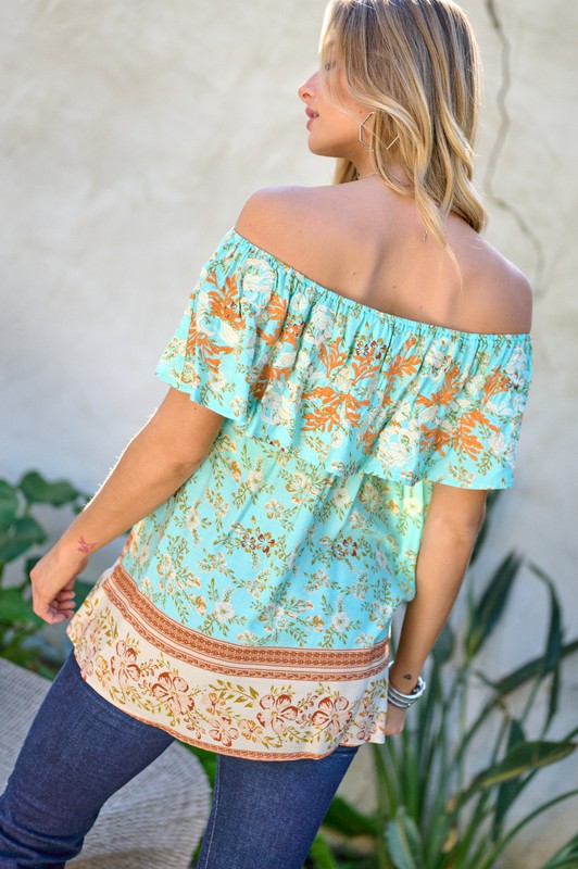 PRINTED OFF SHOULDER SMOCKED TOP