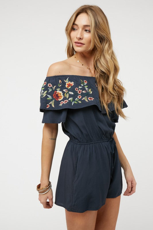 FLORAL EMBROIDERED OFF SHOULDER ROMPER