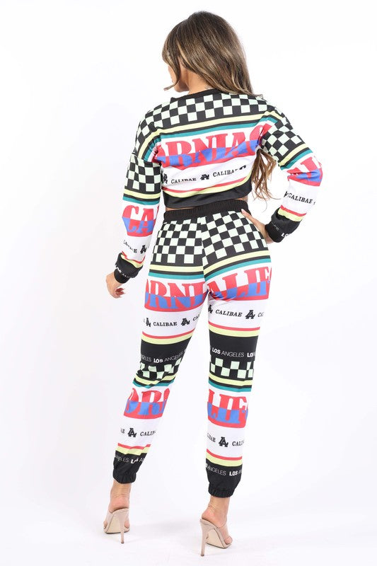 Cali Love Printed Crop Top And Jogger Pants