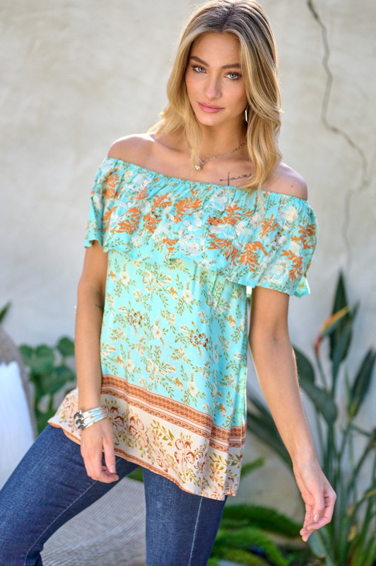 PRINTED OFF SHOULDER SMOCKED TOP