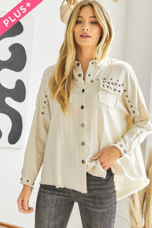 PLUS Distressed hem button down oversize shirt