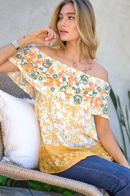 PRINTED OFF SHOULDER SMOCKED TOP