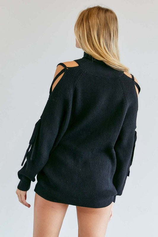 SOLID TURTLE NECK CUTOUT LONG SLEEVE SWEATER