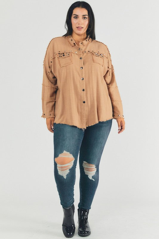 PLUS Distressed hem button down oversize shirt