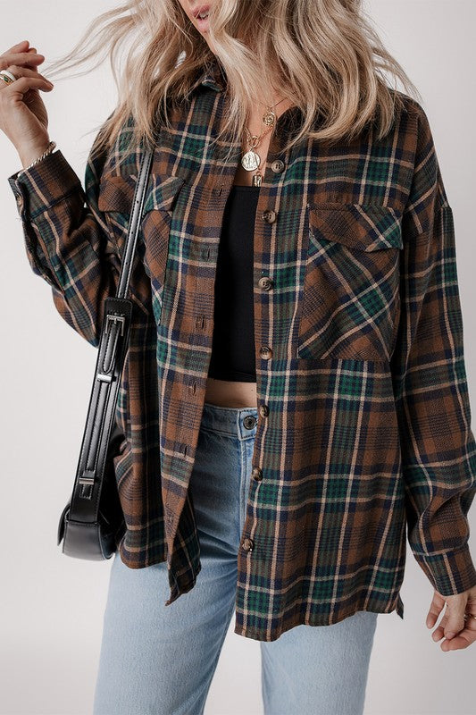 Women Plaid Print Pockets Buttoned Shirt Jacket