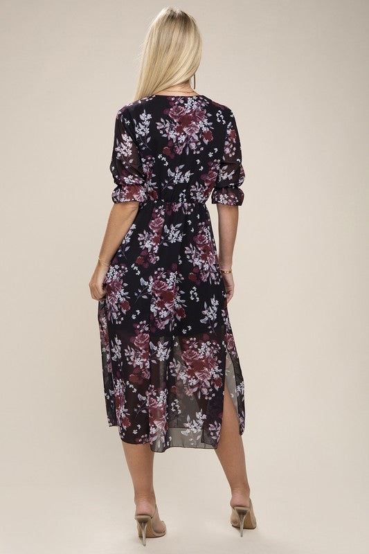 Floral Print  V Neck Midi Dress