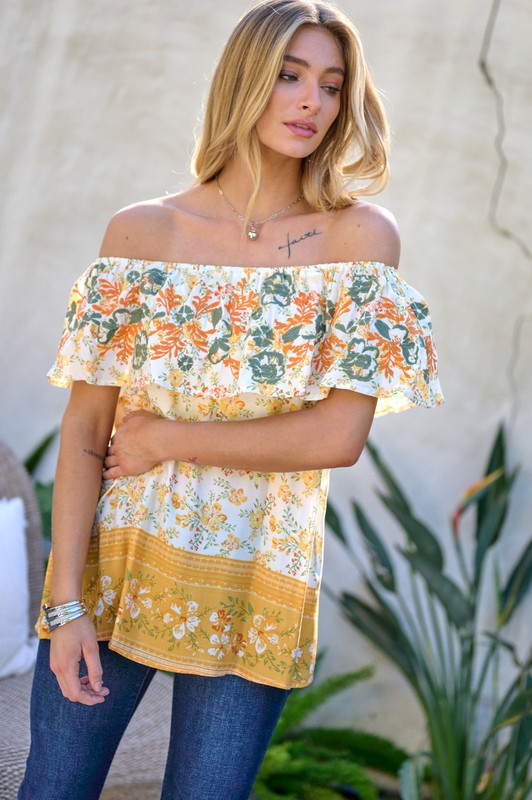 PRINTED OFF SHOULDER SMOCKED TOP