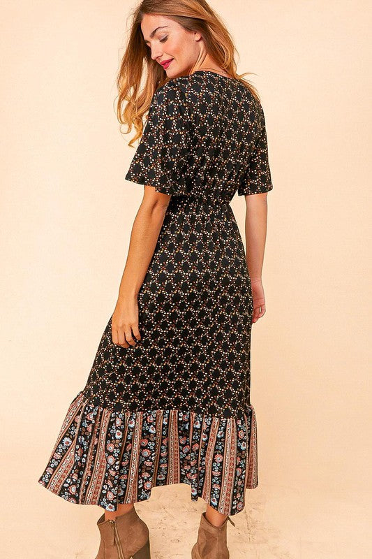 ETHNIC FLORAL BORDER SURPLICE MAXI DRESS