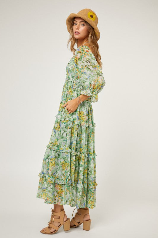 FLORAL CHIFFON MIDI DRESS